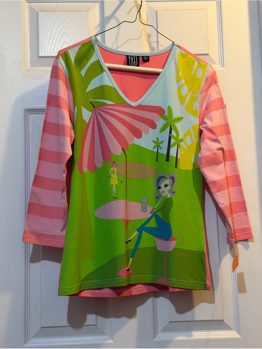 Vtg Ladies Golf Theme Knit Shirt Kate Lord M Bright Graphic 3/4 Sleeves